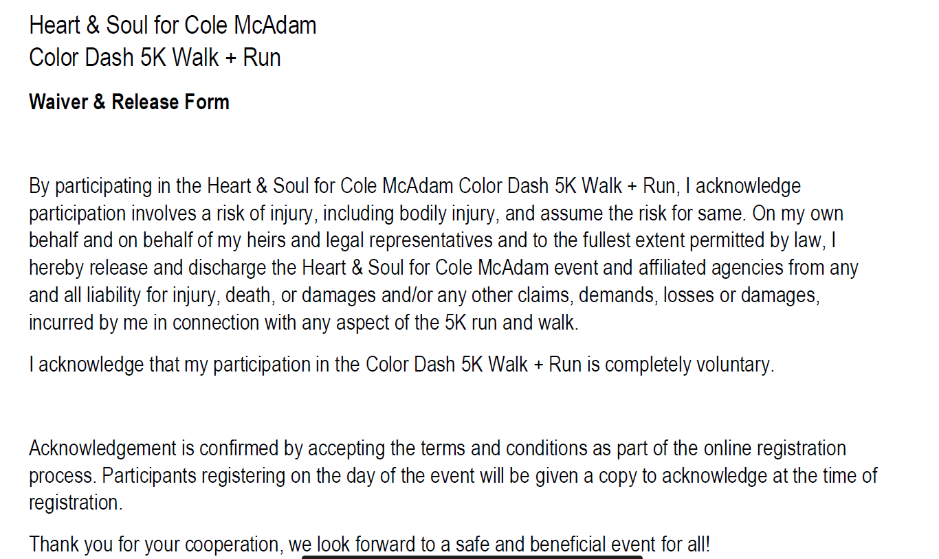 Cole McAdam 5k color run/walk